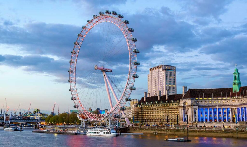 London Eye, View of the ferris wheel in London, England, UK. London Eye Travel Guide
