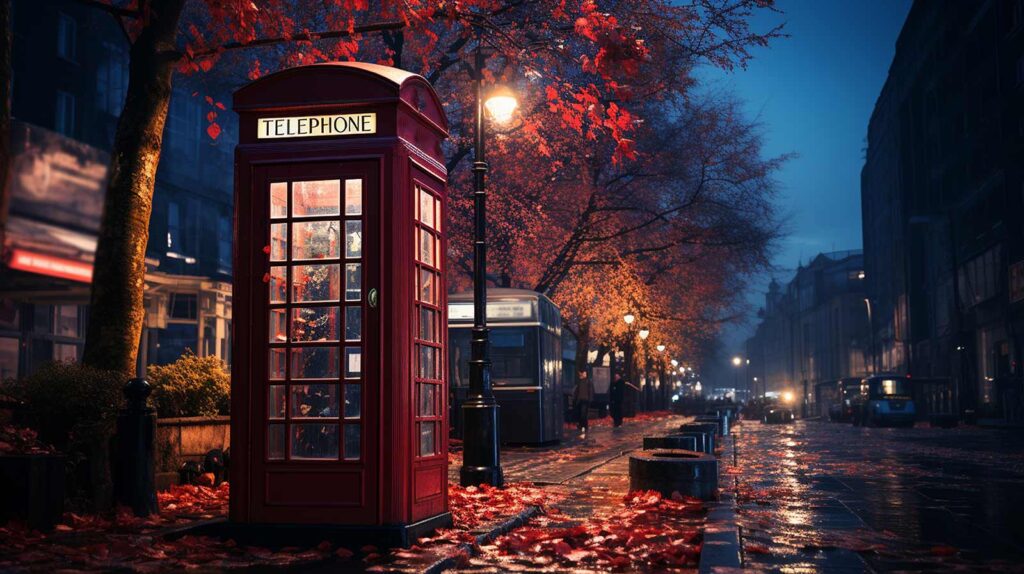London in Autumn / Fall, leaves on the pavement on a rainy London night with a red telephone box visible.