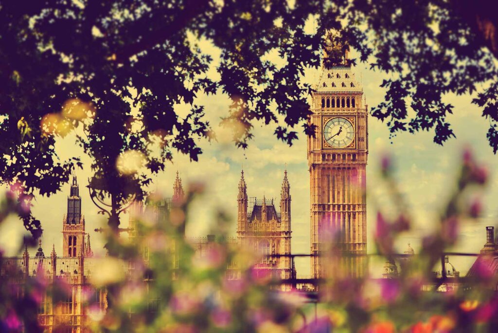 London in Summer with on a summer day, Big Ben behind tree leaves