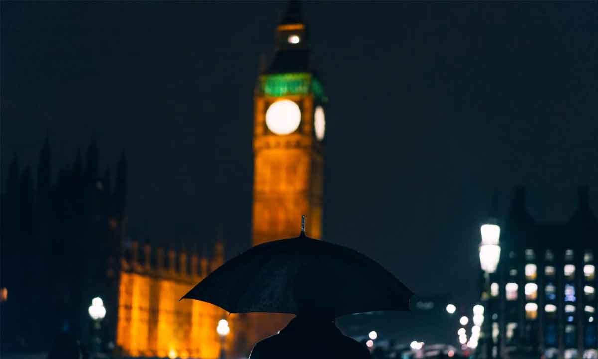 Rainy night in London with Big Ben on the background