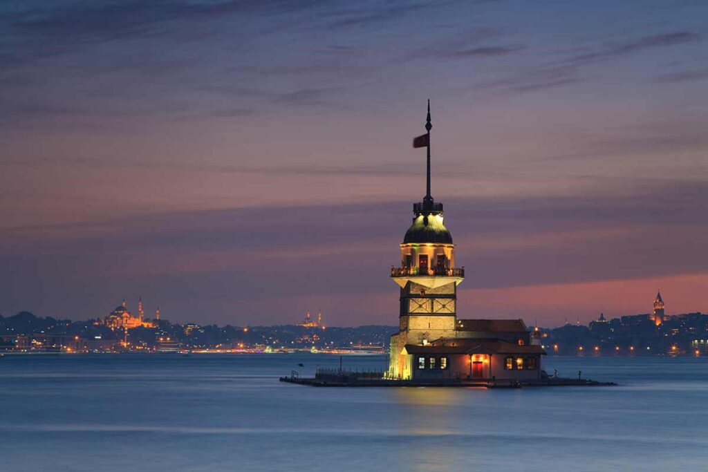 Maiden Tower in Istanbul, Galata Tower at the right back, Galata Bridge behind the Maiden tower and Haghia Sofia on the left side at the back. You can also spot Suleymaniye Mosque from far away.