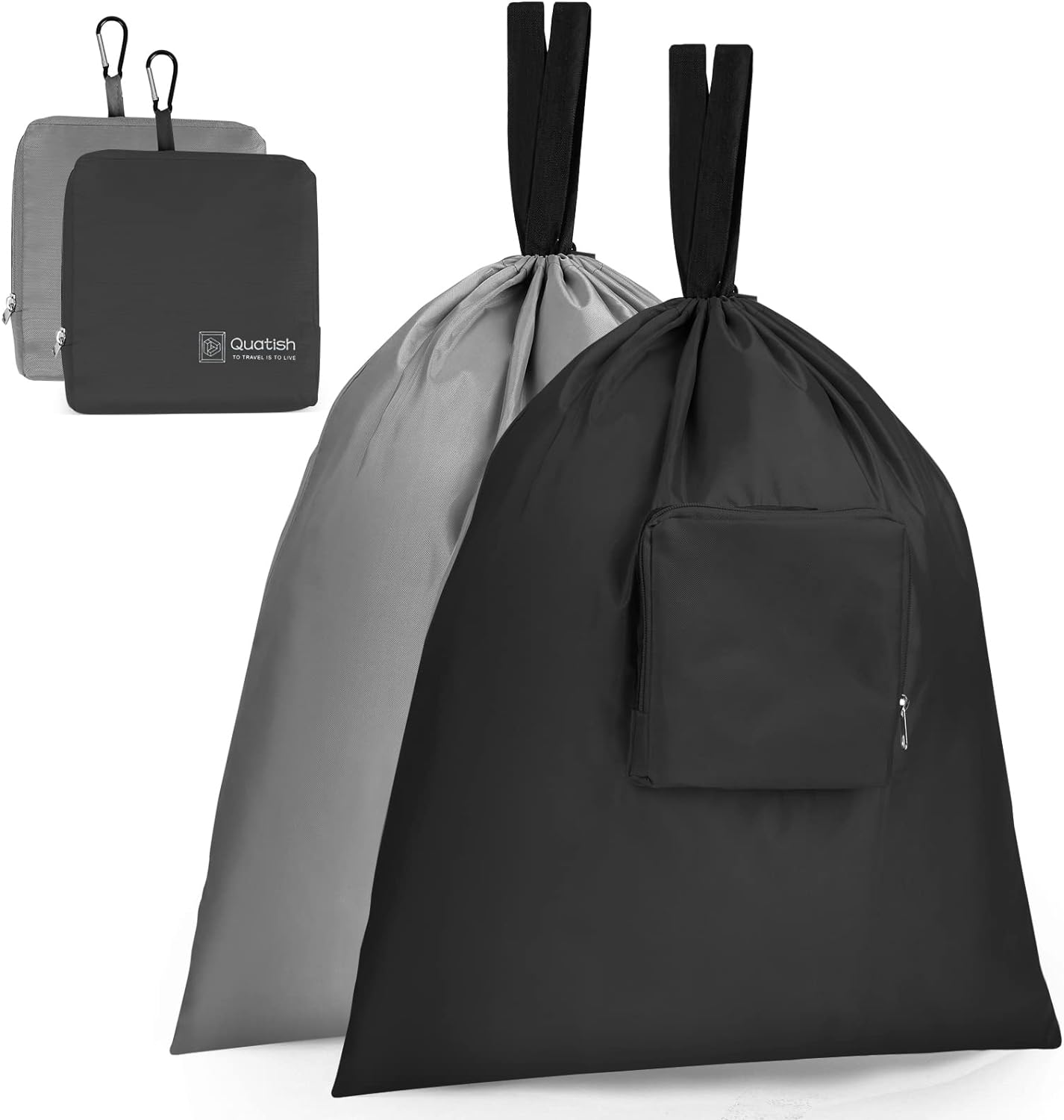 2 portable travel laundry bags, black and gray