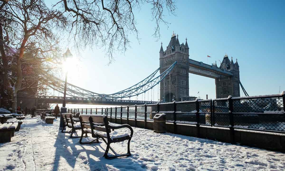 Tower Bridge in snow, London
