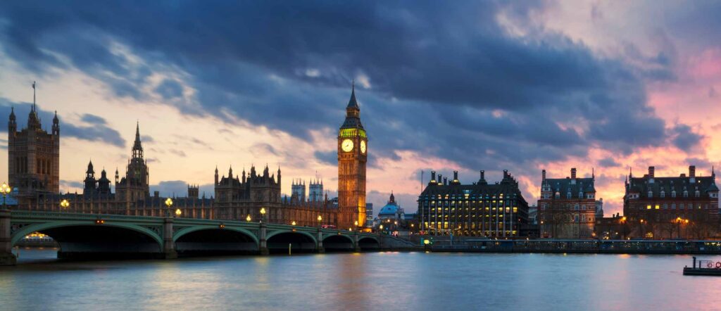 London travel guide, Big Ben, Houses of Parliament, Thames River and Westminster Bridge at sunset