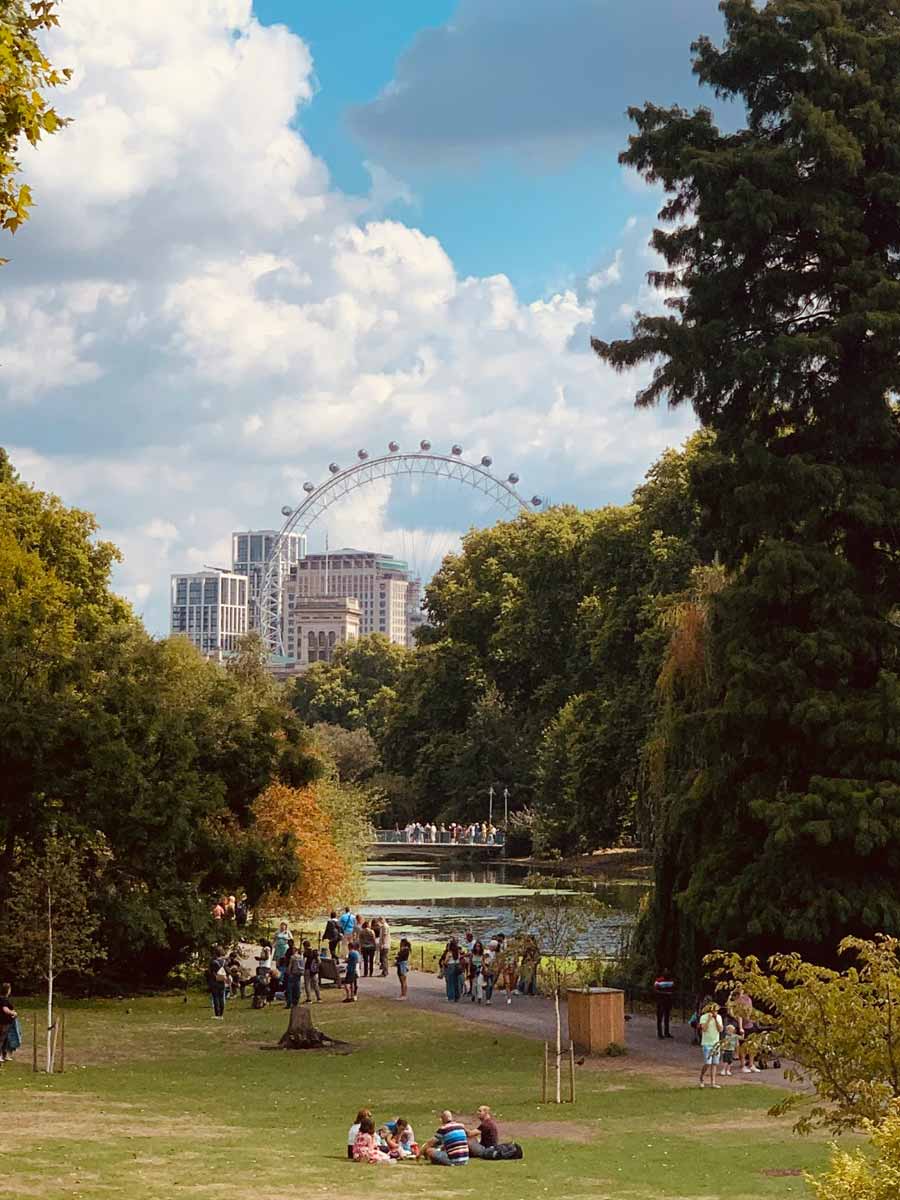 St James Park in London with London Eye views on the background