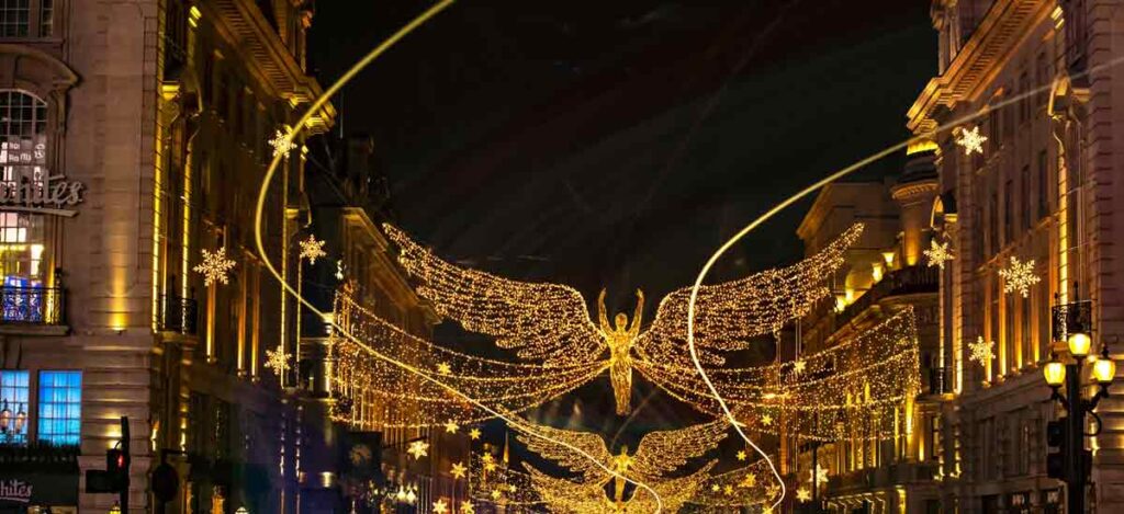 Christmas lights and decorations in Regent Street, London in December