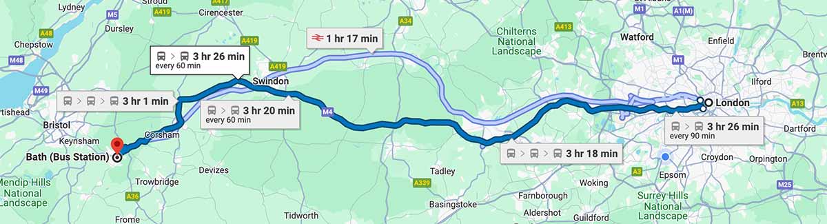 London to Bath by bus route map