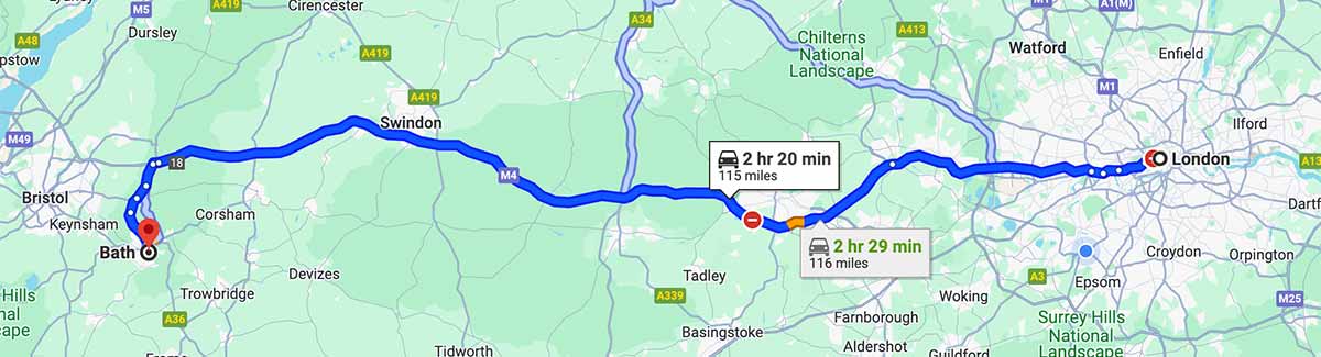 London to Bath by car route map