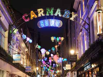 Christmas decorations, Carnaby Street, Soho London England