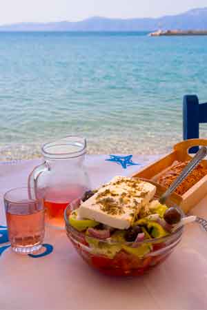 Greek salad and home made rose wine, Rhodes Island, Greece